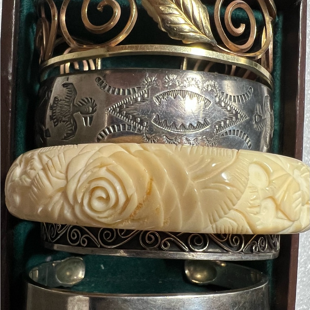 Vintage Carved Cream Bangle and Cuff Bracelets Lot of 5